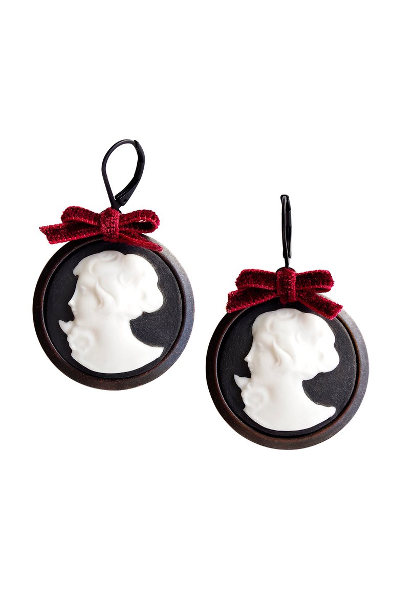 Dark Romance Goddess Round Porcelain Cameo Earrings - Black/White/Red