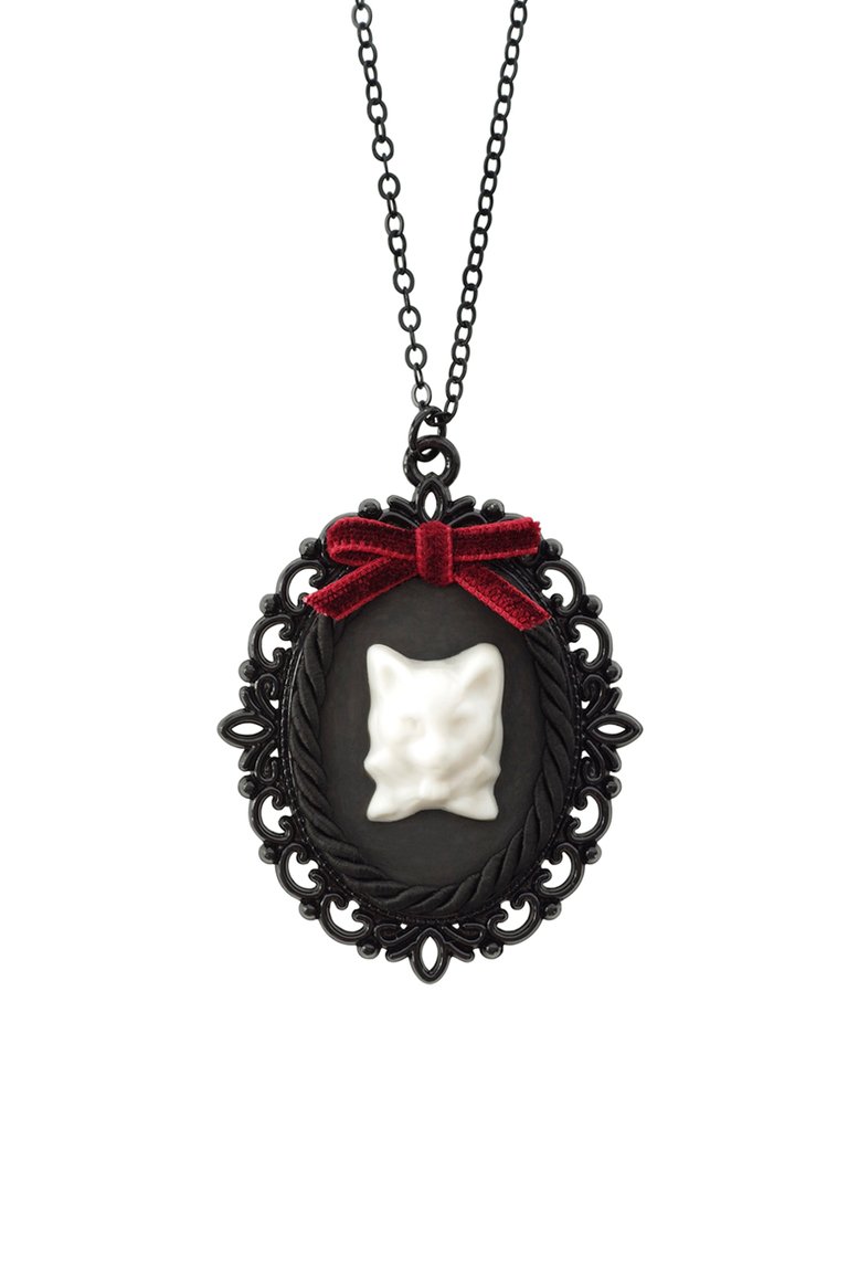 Dark Romance Porcelain Cat Cameo Necklace - Black/White/Red