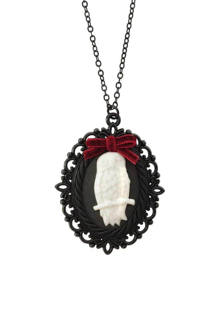 Dark Romance Porcelain Owl Cameo Necklace - Black/White/Red