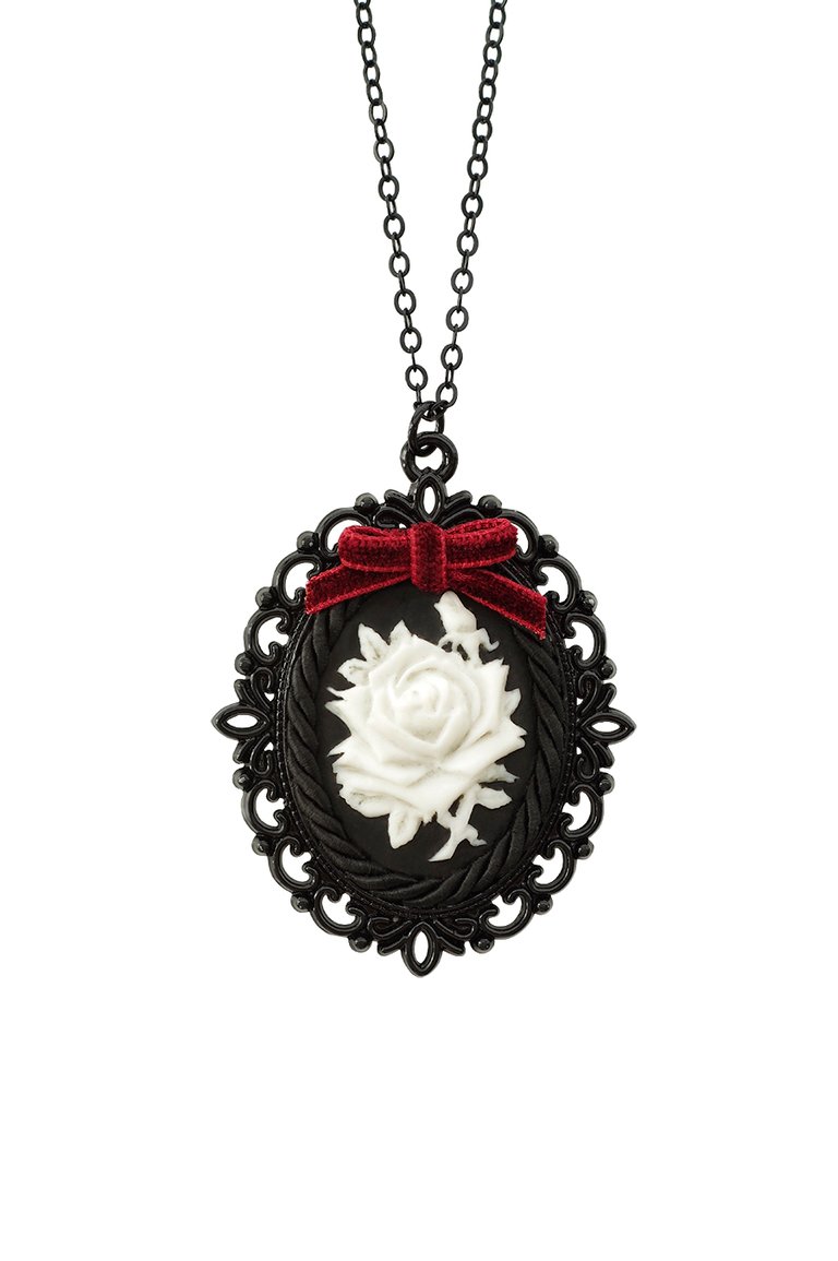 Dark Romance Porcelain Rose Cameo Necklace - Black/White/Red