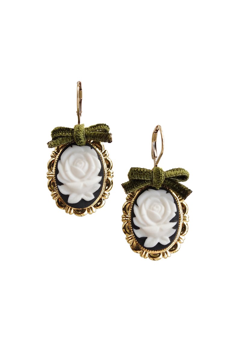 Dark Romance Rose Oval Porcelain Cameo Earrings - Black/White/Green/Gold