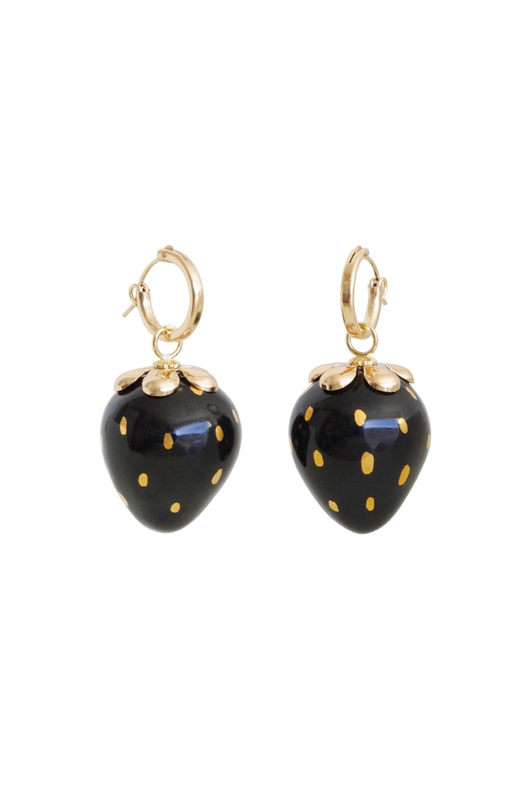 Golden Black Porcelain Strawberry Earrings - Black/Gold