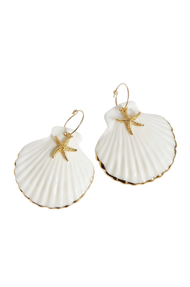 Golden Edge Clam Shell With Starfish Hoop Earrings - White/Gold