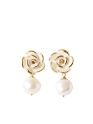 Golden White Cloud Rose Pearl Drop Earrings - White/Gold