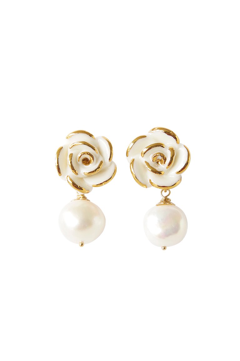 Golden White Cloud Rose Pearl Drop Earrings - White/Gold