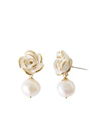 Golden White Cloud Rose Pearl Drop Earrings