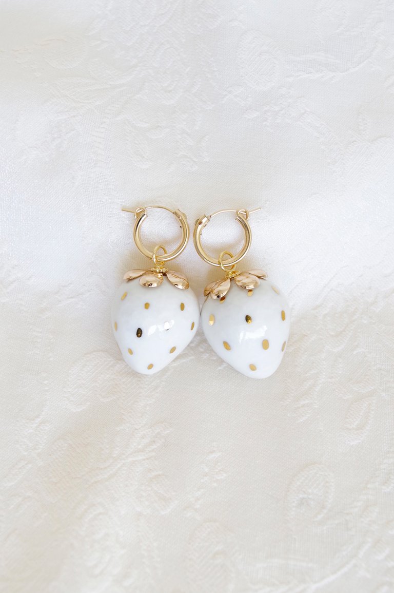 Golden White Porcelain Strawberry Earrings