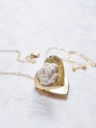 Heart Locket With Porcelain Rose Pendant Necklace