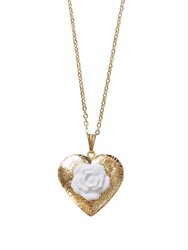 Heart Locket With Porcelain Rose Pendant Necklace - Gold/White