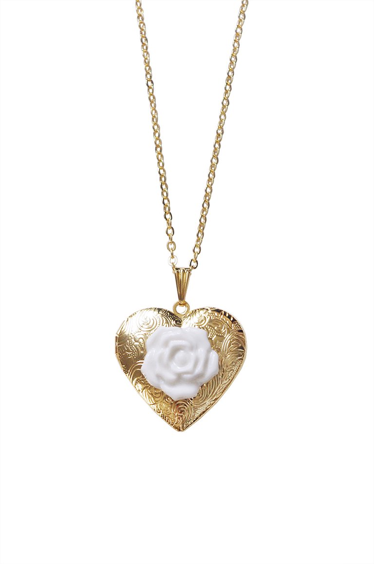 Heart Locket With Porcelain Rose Pendant Necklace - Gold/White