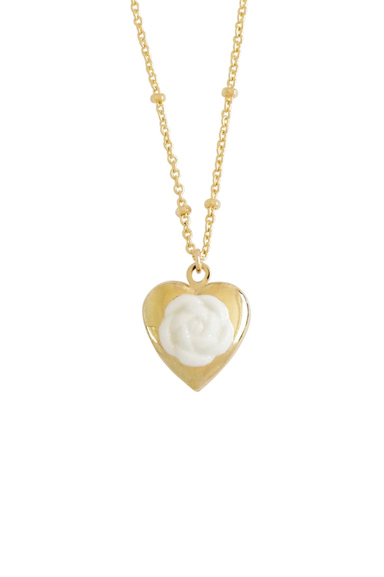 Mini Camellia Heart Locket Necklace - Gold/White