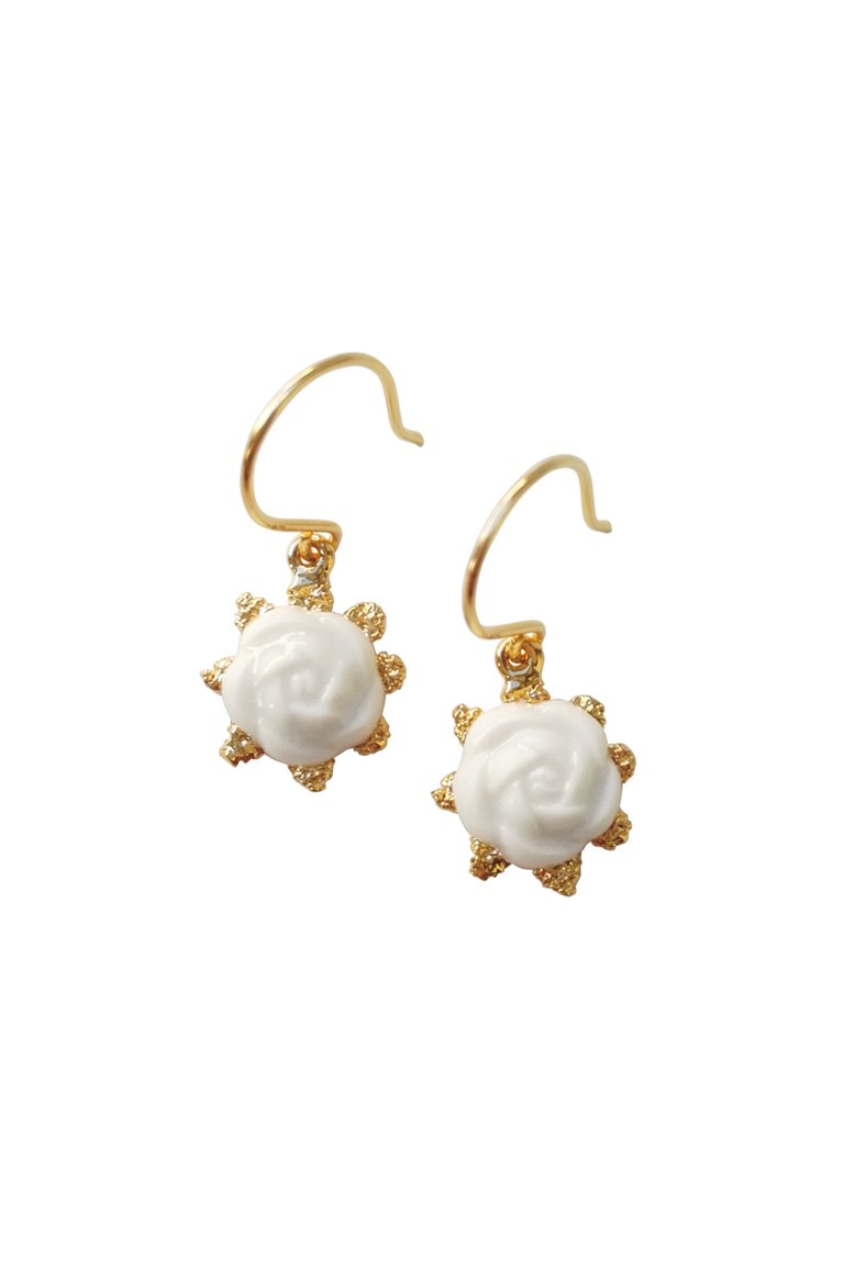 Mini Porcelain Camellia Flower Charm Earrings - White/Gold
