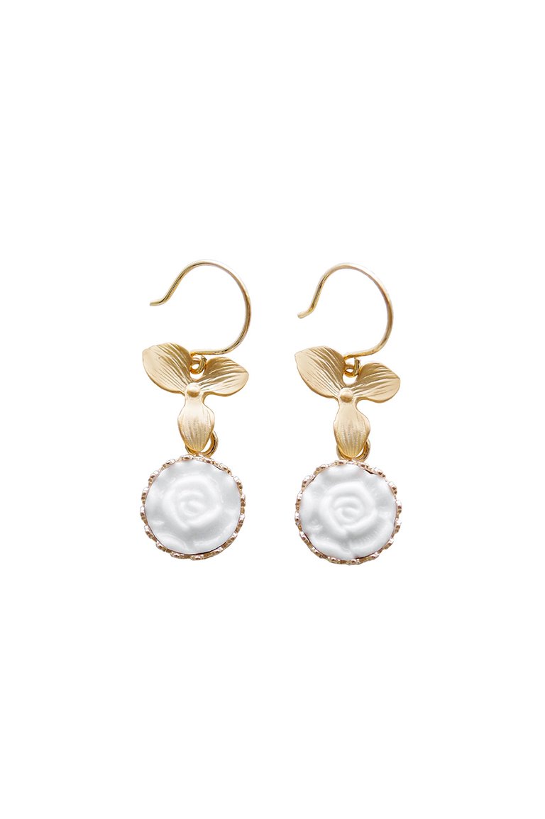 Mini Porcelain Moonlight Rose Drop Earrings - White/Gold