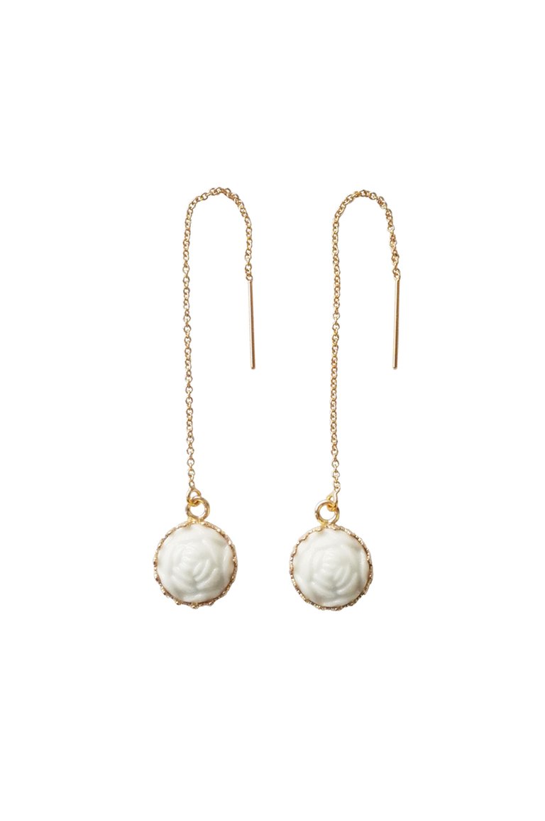 Mini Porcelain Rose With Gold-Filled Chain Earrings - White/Gold
