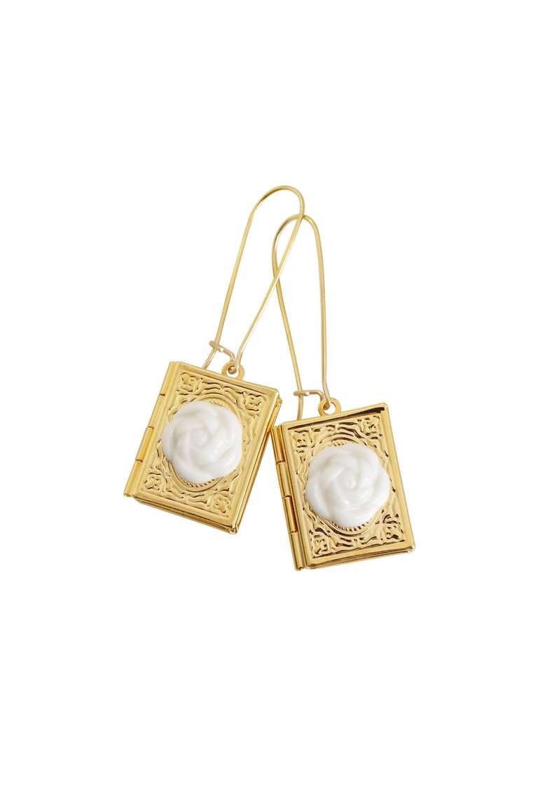 Porcelain Camellia Book Locket Earrings - White/Gold