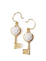 Porcelain Camellia Golden Key Earrings - White/Gold