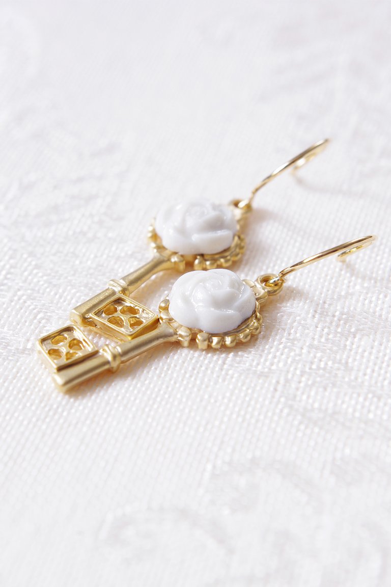 Porcelain Camellia Golden Key Earrings