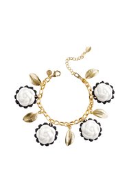 Porcelain Camellias And Golden Leaves Bracelet - White/Black/Gold