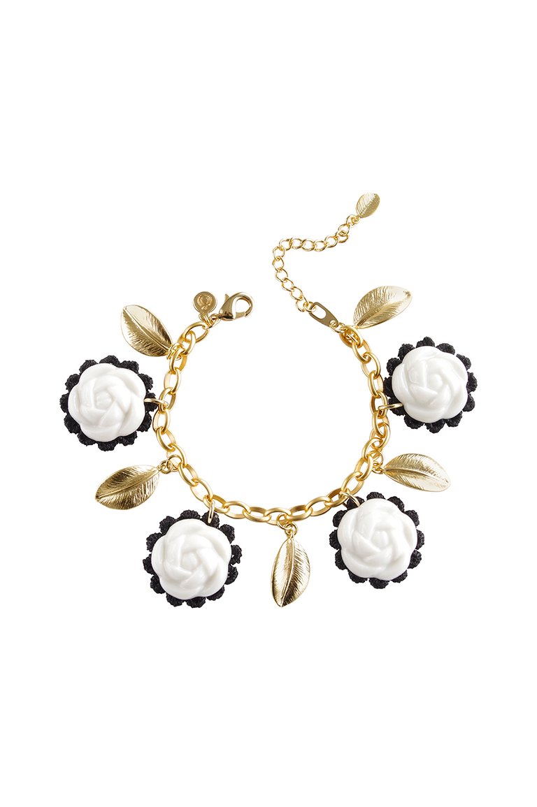 Porcelain Camellias And Golden Leaves Bracelet - White/Black/Gold