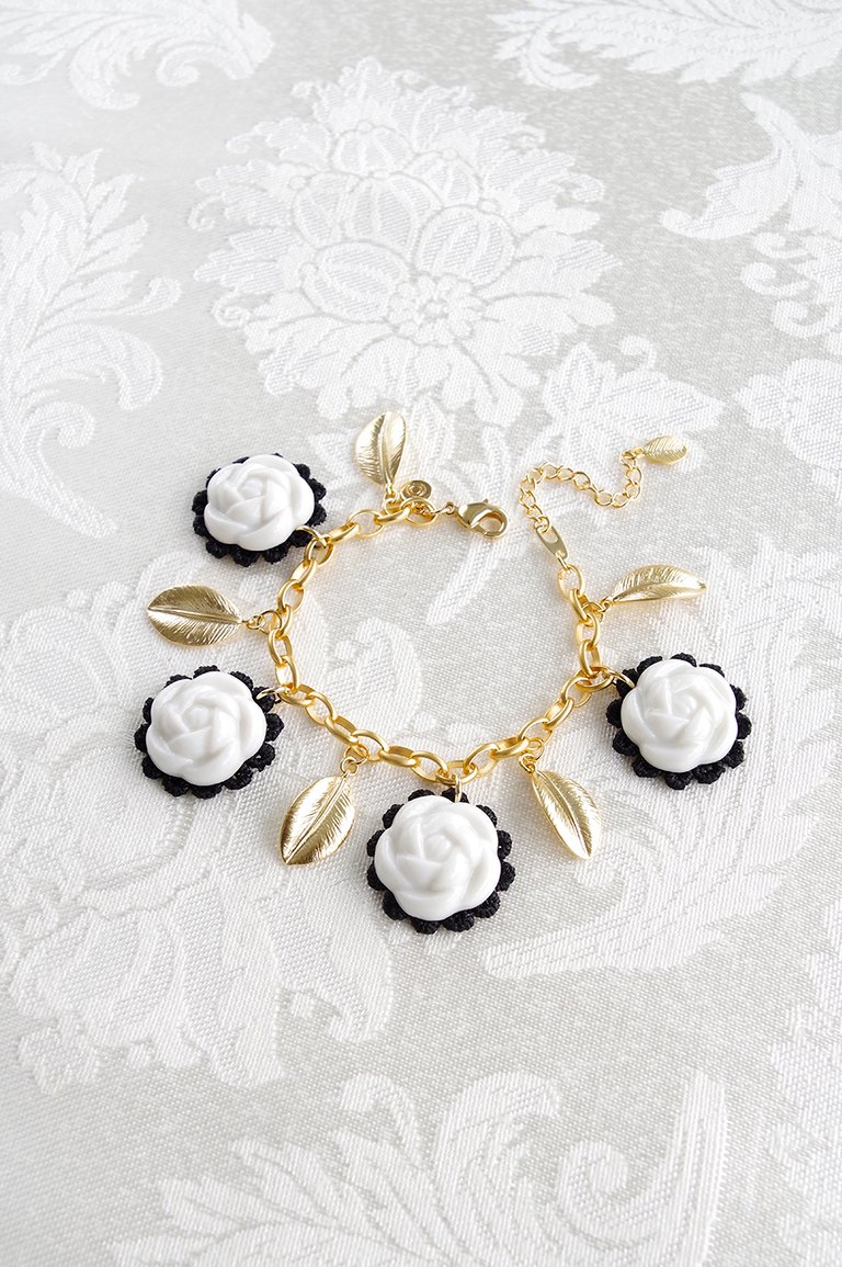 Porcelain Camellias And Golden Leaves Bracelet