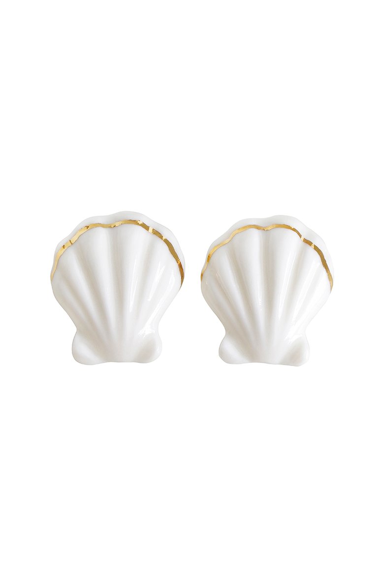 Porcelain Clam Shell Statement Stud Earrings - White/Gold