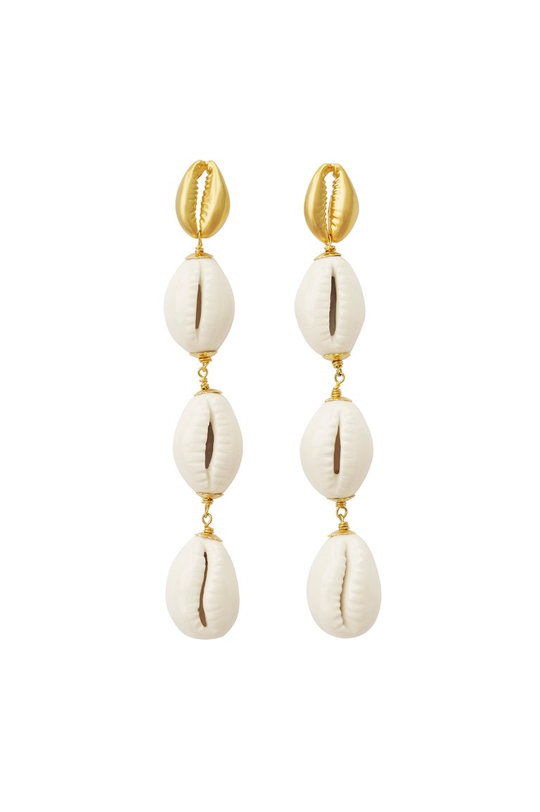 Porcelain Cowrie Shell Linear Earrings - White/Gold
