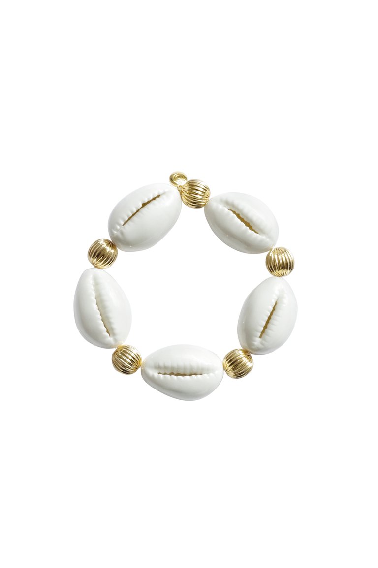 Porcelain Cowrie Shell Stretch Bracelet - White/Gold