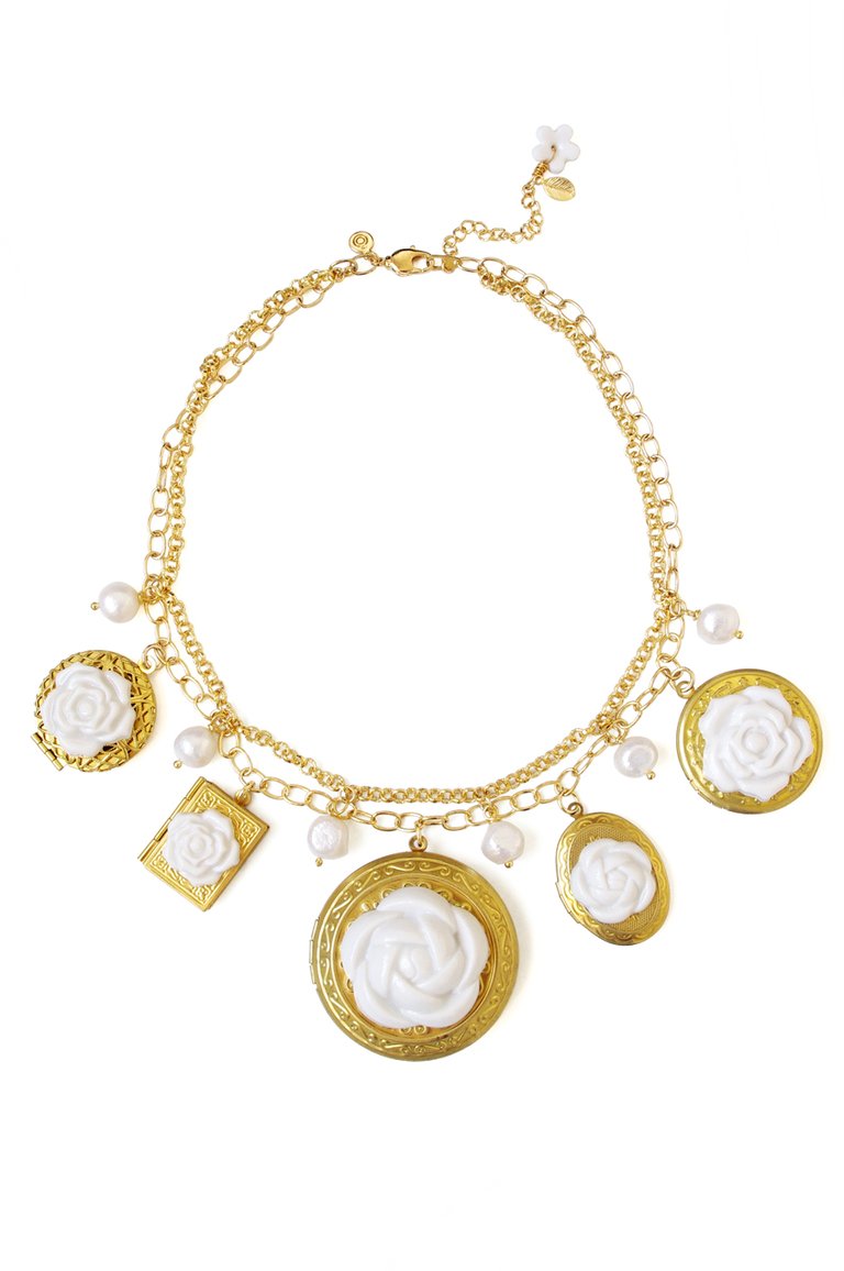 Porcelain Floral Lockets Statement Necklace - White/Gold