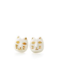Porcelain Lucky Cat Stud Earrings - White/Gold