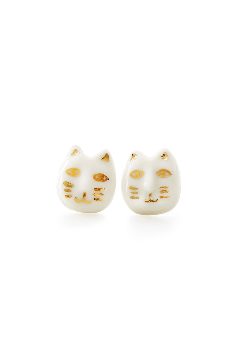 Porcelain Lucky Cat Stud Earrings - White/Gold