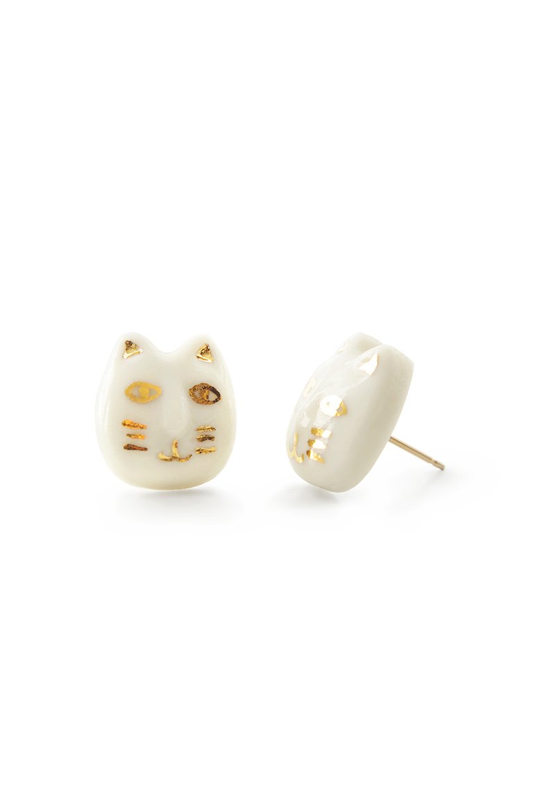Porcelain Lucky Cat Stud Earrings