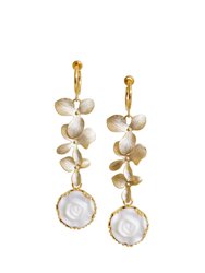 Porcelain Moonlight Rose And Triple Leaves Clip-On Earrings - White/Gold