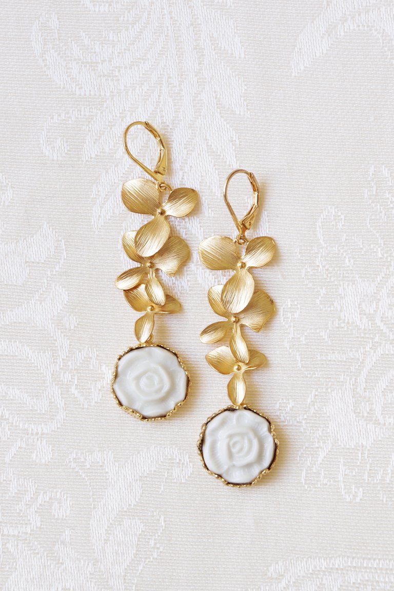 Porcelain Moonlight Rose And Triple Leaves Drop Earrings