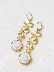 Porcelain Moonlight Rose And Triple Leaves Drop Earrings