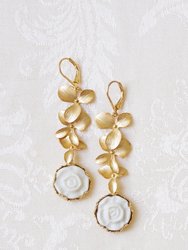 Porcelain Moonlight Rose And Triple Leaves Drop Earrings