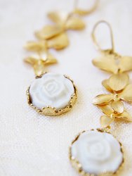 Porcelain Moonlight Rose And Triple Leaves Drop Earrings