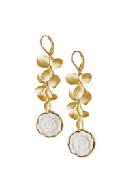 Porcelain Moonlight Rose And Triple Leaves Drop Earrings - White/Gold