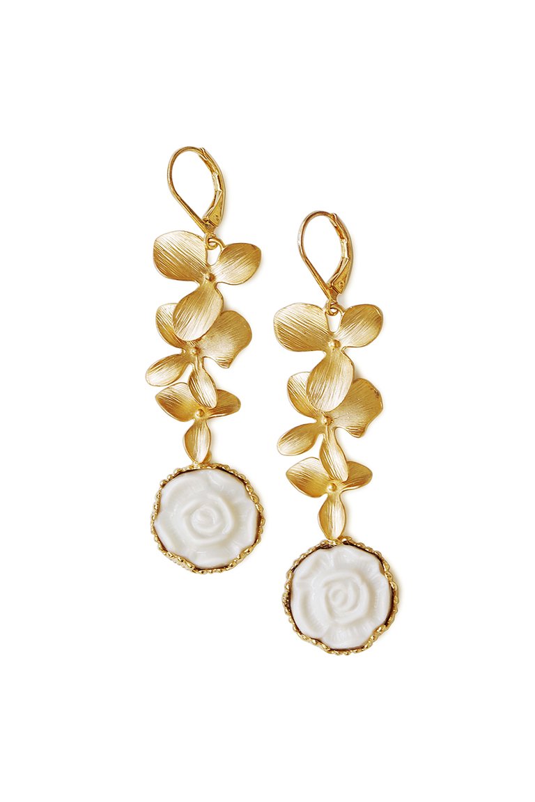 Porcelain Moonlight Rose And Triple Leaves Drop Earrings - White/Gold