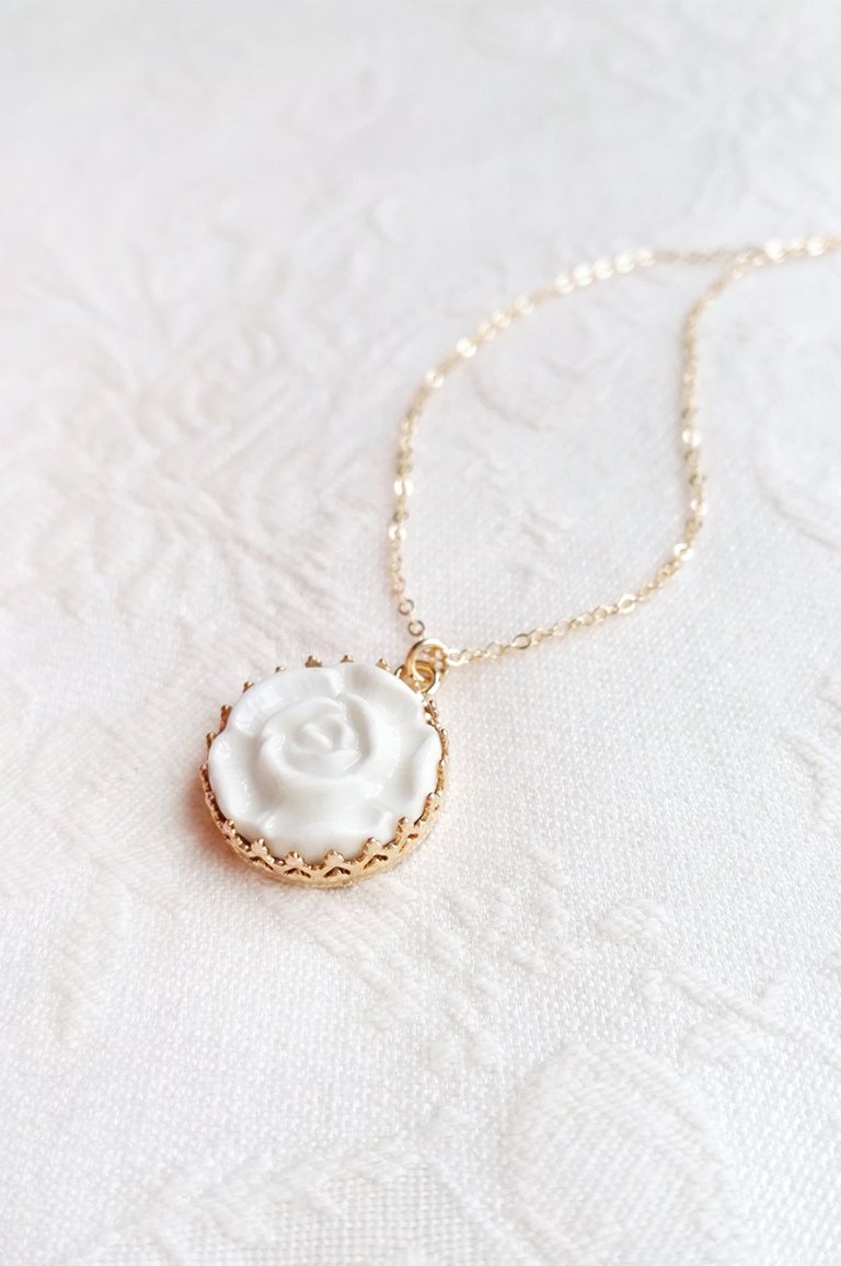 Porcelain Moonlight Rose Charm Gold-Filled Necklace