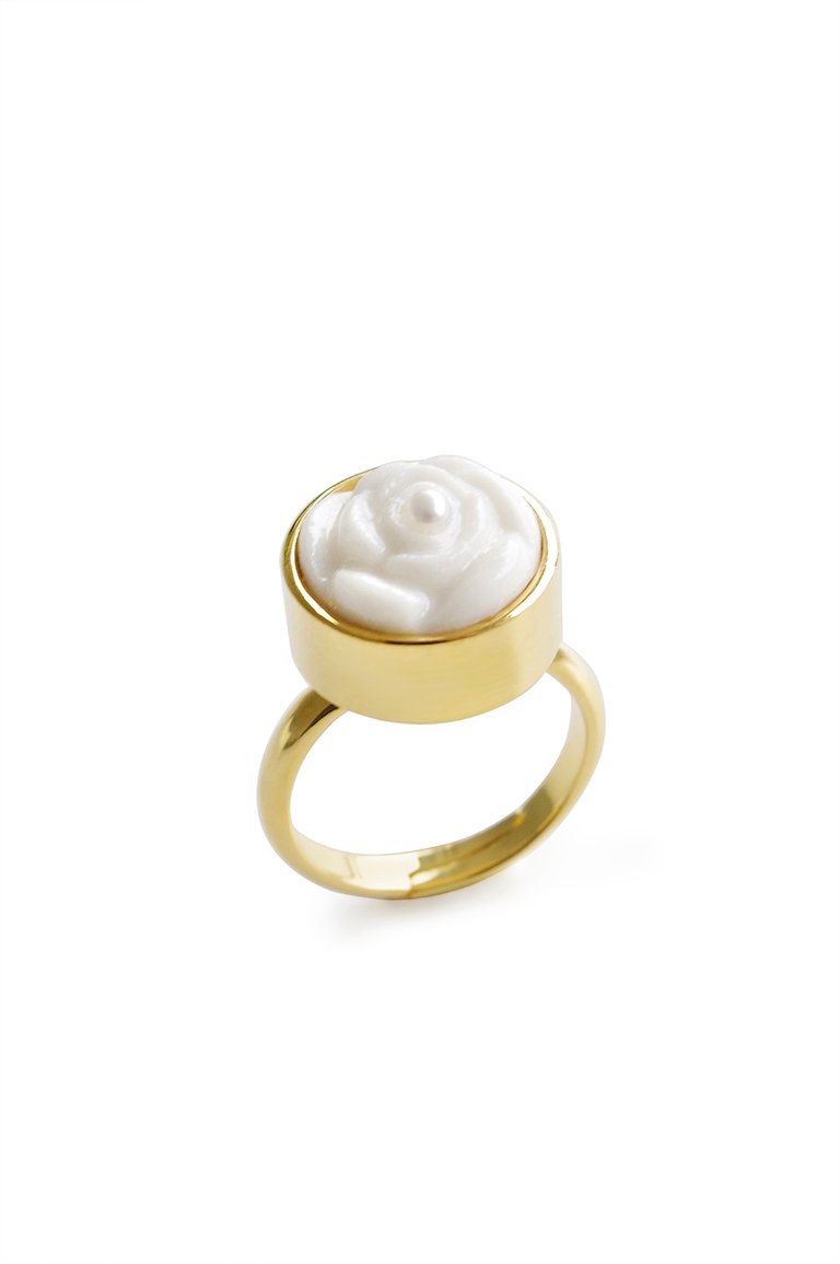 Porcelain Rose With Pearl Adjustable Ring - White/Gold