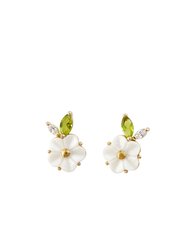 Porcelain Strawberry Flower Stud Earrings - White/Gold/Green