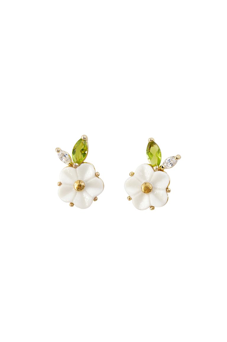 Porcelain Strawberry Flower Stud Earrings - White/Gold/Green