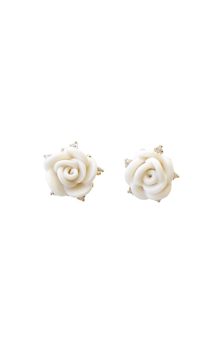 White Cloud Porcelain Rose Stud Earrings - White/Gold