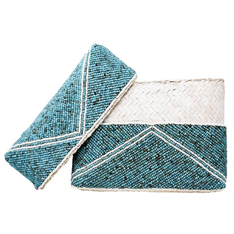 Macy Beaded Clutch - Turquoise - Turquoise/White Trim