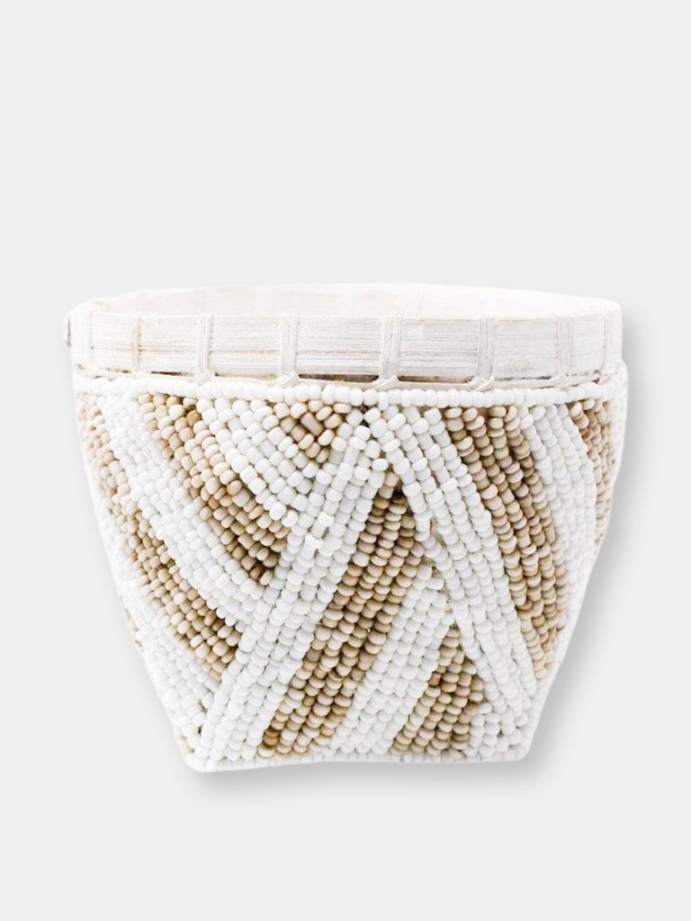 Bamboo Beaded Trinket Basket - Natural/White Wide Stripe