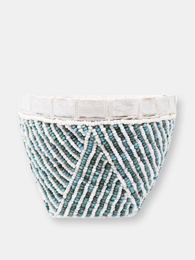 Bamboo Beaded Trinket Basket - Aqua/White Stripe