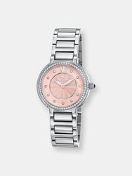 Stella Women's Silver Tone Crystal Watch with Baby Pink Guilloche-Sunray Dial - Silver