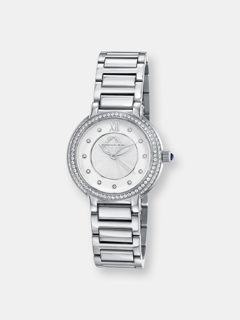 Stella Women's Silver Tone Crystal Watch with Guilloche-Sunray Dial - Silver