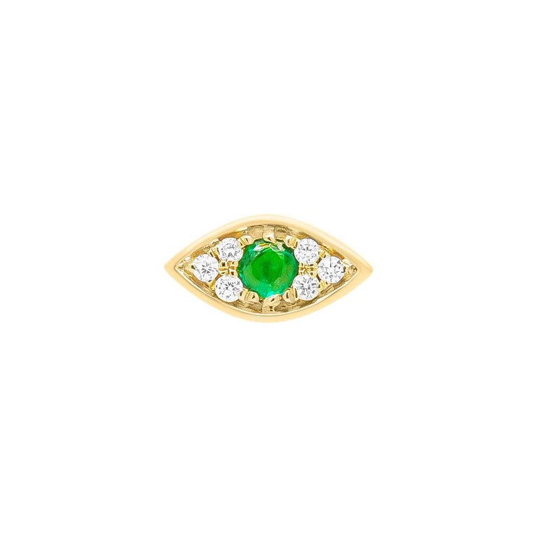 Mini Emerald Evil Eye Threaded Flat Back Earring | .8GMS .04CT | Single - Yellow Gold Emerald