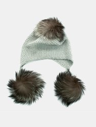 Cashmere Earflap Hat With Fox Fur Poms - Lt Ht Grey/Blk
